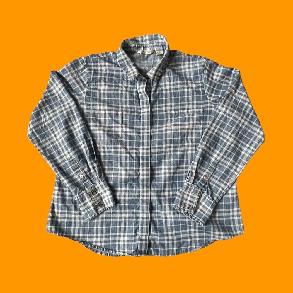 Orvis Flannel Button Shirt Light Blue Plaid Cotton Tencel Blend Women Size XL - Picture 1 of 7